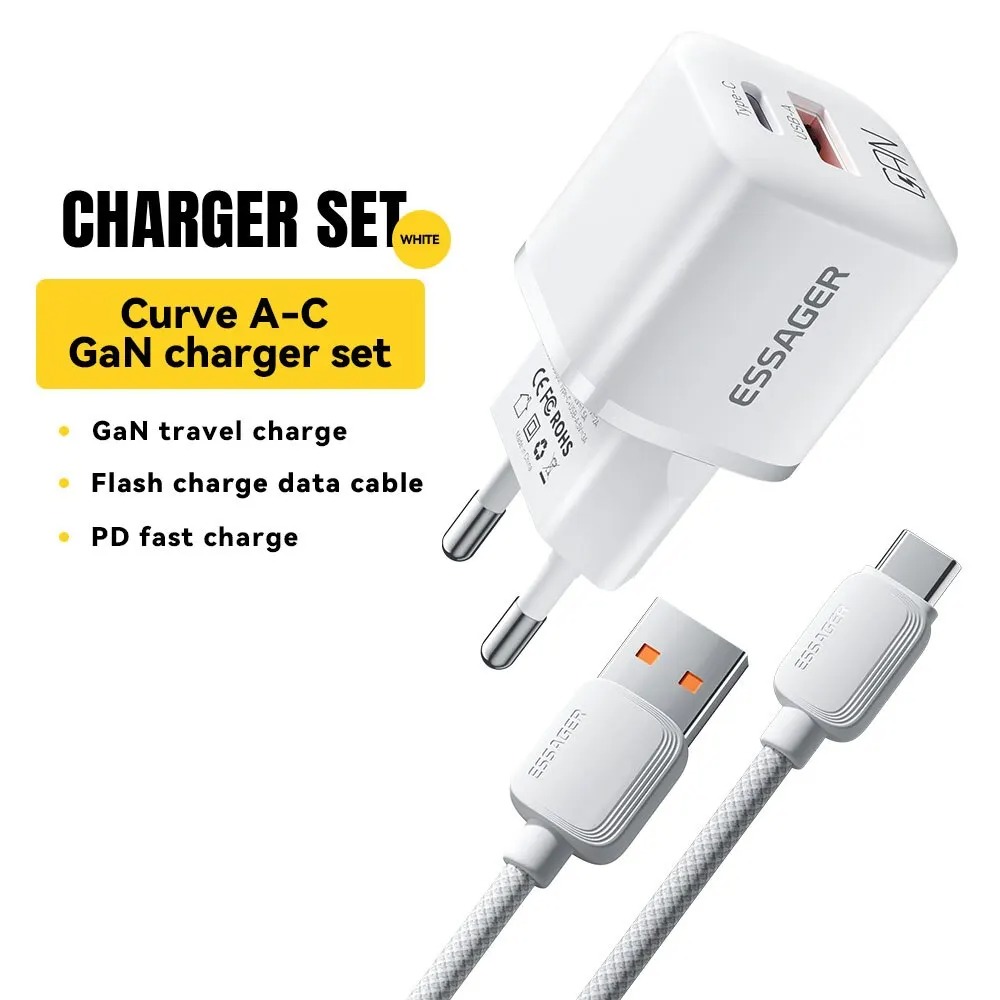Conjunto de Cabo Baseus e Carregador Turbo Essager GaN USB-C 20W – Carga Rápida PD e QC 3.0 para iPhone