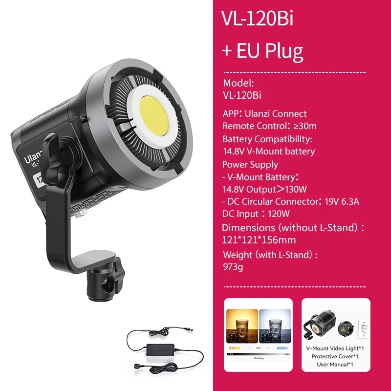 Ulanzi VL-120Bi VL-120C 120W V-Mount COB Luz de vídeo 2700K-6500K CRI>95 Controle de aplicativo sem fio para luz de estúdio de fotografia de vídeo